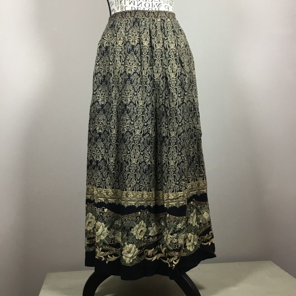 Black and cream roses acanthus Roman pattern maxi skirt elastic waist 30" PL
